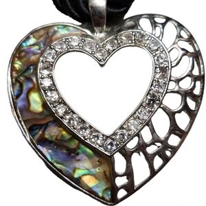 ABALONE And Silver Heart Pendant Medallion Cord Necklace